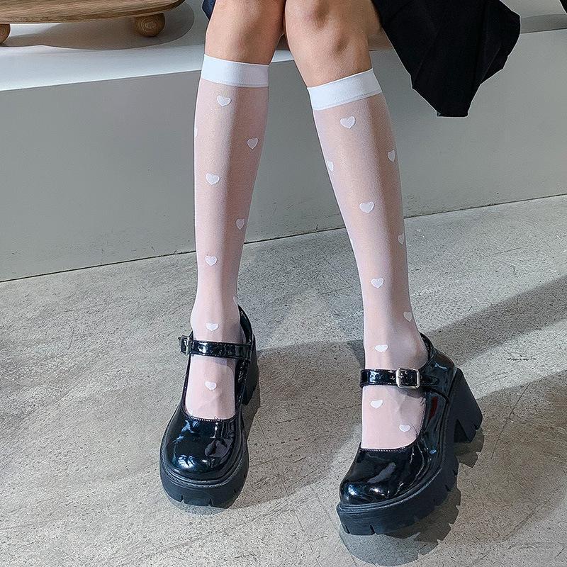Tất, vớ mỏng tới bắp chân THÊU TRÁI TIM, phong cách lolita, vô cùng dễ thương, sành điệu và cá tính