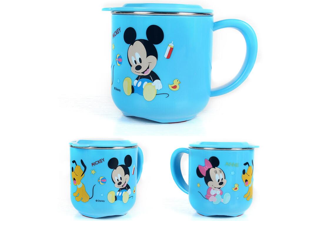Ly cốc giữ nhiệt Disney in hình chuột Mickey Minnie Mouse màu xanh có nắp và quai cầm cho bé - 260ml