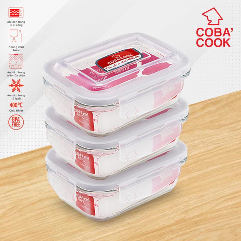Bộ 3 Hộp trữ thức ăn thực phẩm đựng cơm chịu nhiệt hộp thủy tinh COBACOOK hộp chữ nhật dung tích lớn 1041ml -CCL13