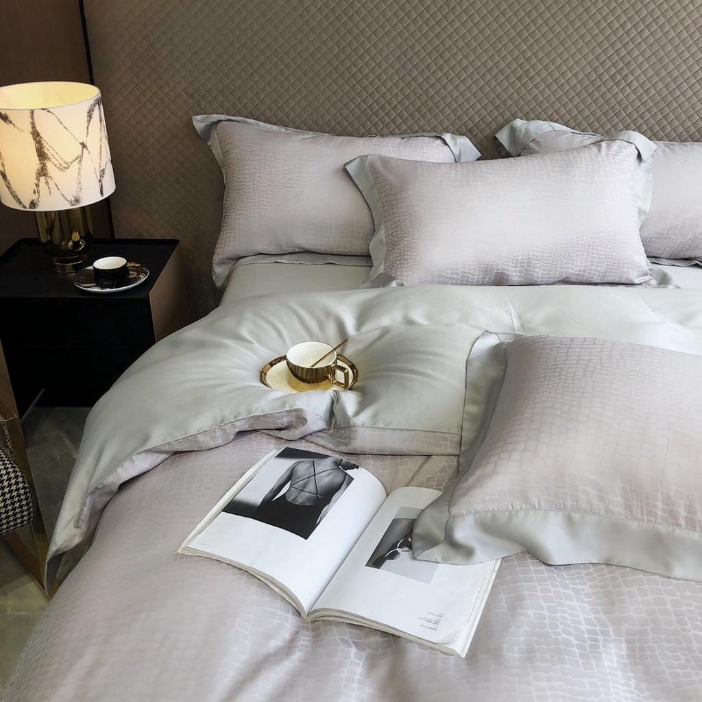 Bộ chăn ga gối 4 món 100%Tencel 120s cao cấp, họa tiết Xương cá cách điệu với kiểu dệt Jacquard sang trọng, mềm mịn mát