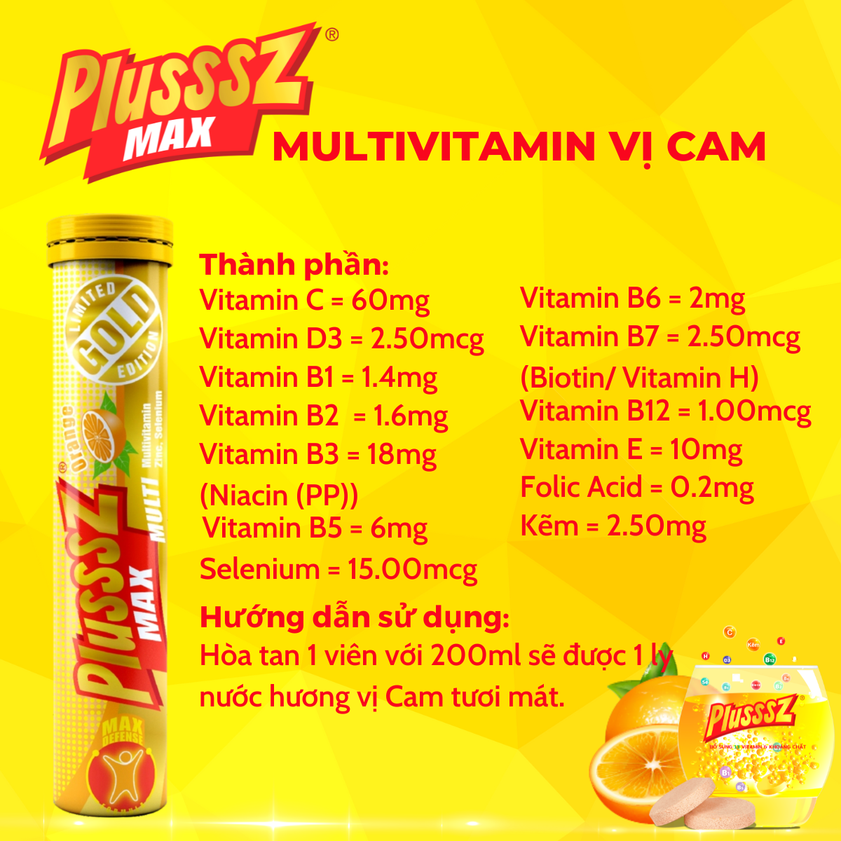 {COMBO3TUYP} Viên sủi Plusssz Max Multivitamin hương vị Cam không đường bổ sung vitamin C và khoáng chất dạng hòa tan, dễ hấp thu hỗ trợ tăng cường đề kháng, vững vàng sức khỏe (Tuýp 20 viên sủi).