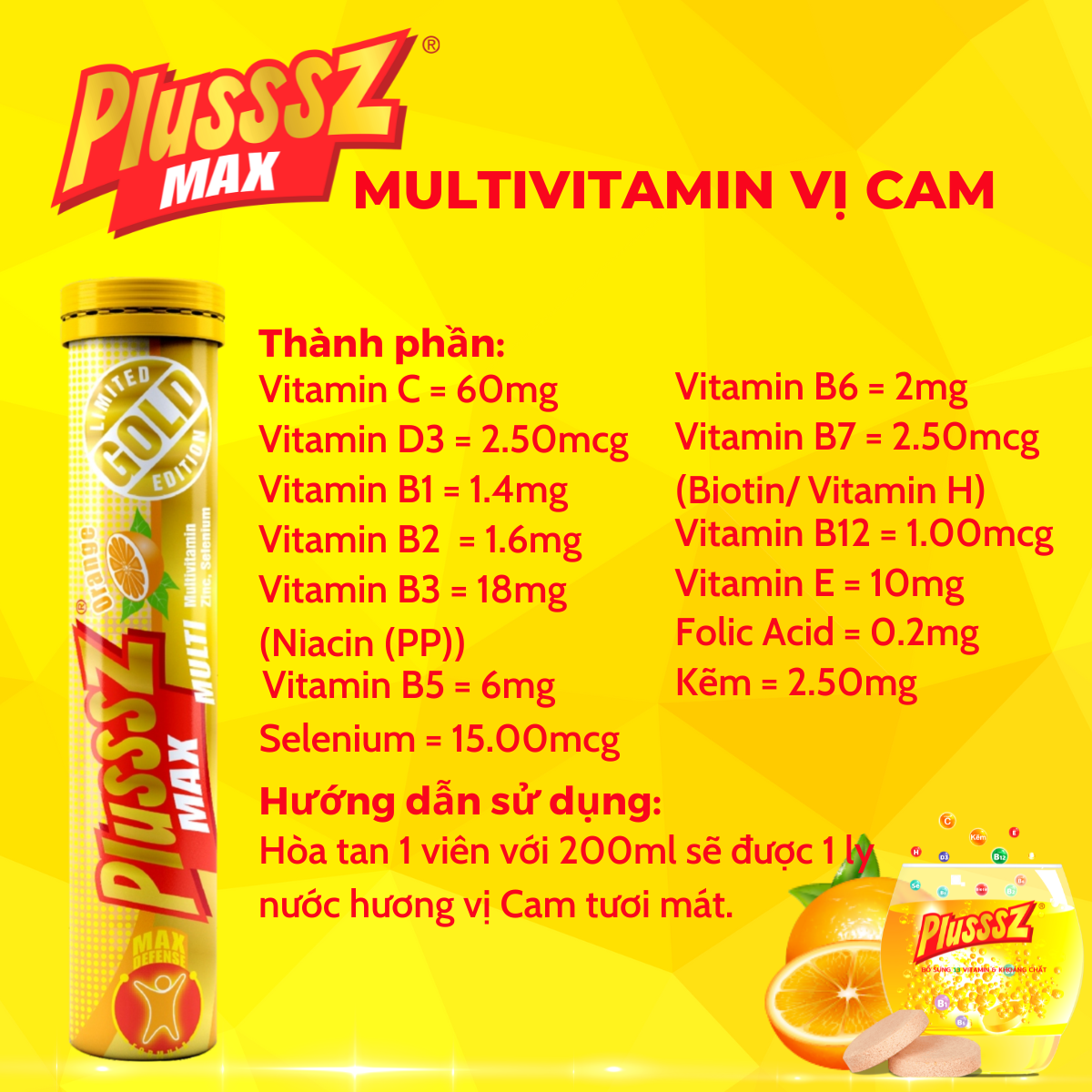 Viên sủi Plusssz Max Multivitamin hương vị Cam không đường bổ sung vitamin C và khoáng chất dạng hòa tan, dễ hấp thu hỗ trợ tăng cường đề kháng, vững vàng sức khỏe .