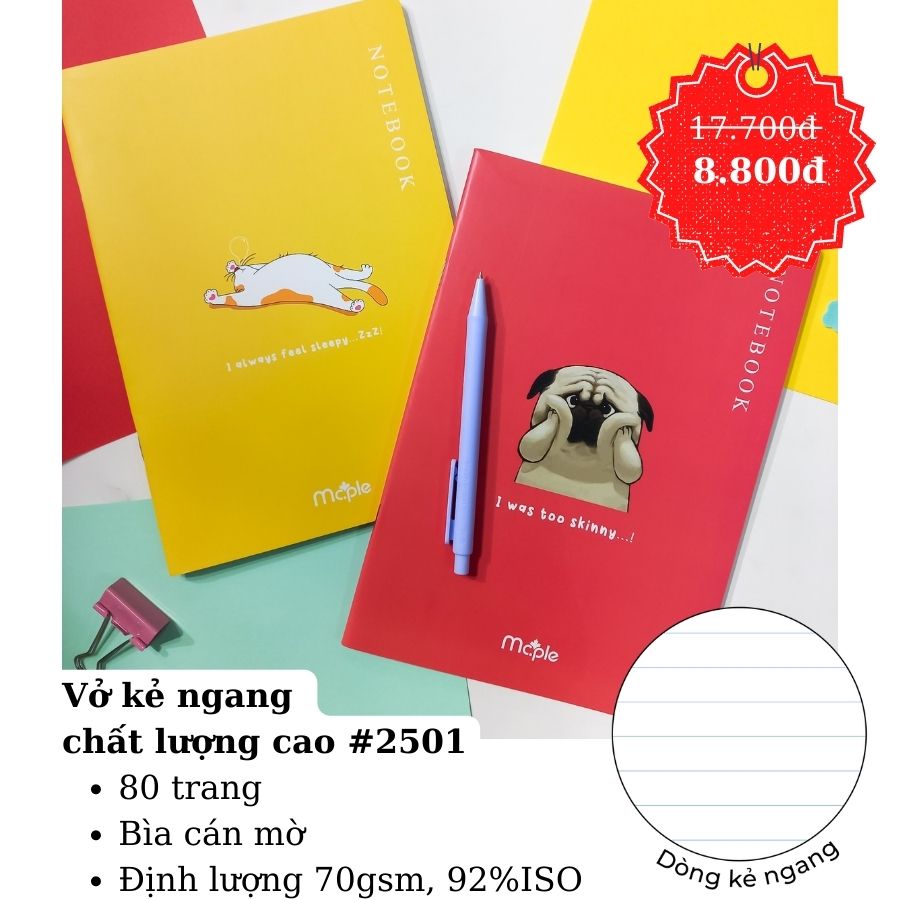 [CAO CẤP] Vở Kẻ Ngang Mc.ple 80 Trang Cao Cấp Gáy Ghim - 2501, Định lượng 70gsm, bìa hình Dog And Cat Cute, ngộ nghĩnh, dễ thương