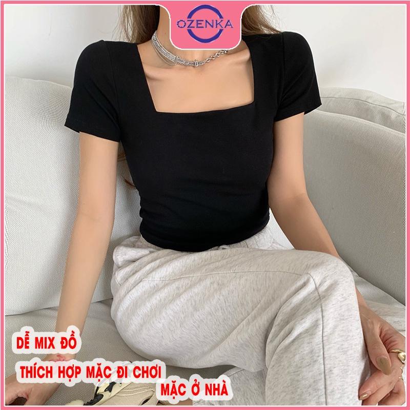 Áo croptop cổ vuông ngắn tay ôm nữ, áo crt hở rốn thun gân 100% cotton đẹp màu đen trắng dưới 50 cân