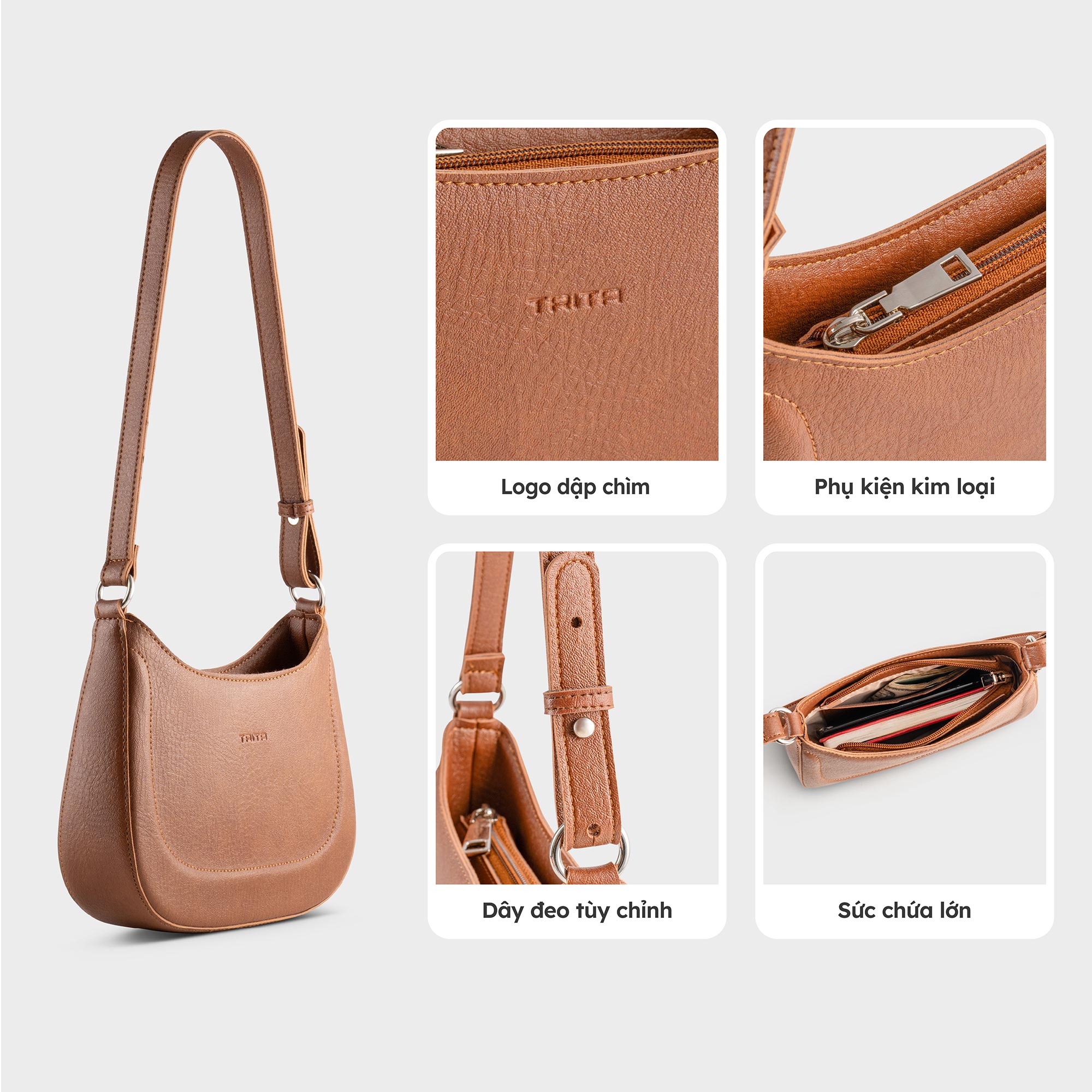 Túi Trita ( Thời trang nữ phối họa tiết viền chỉ size 21 - Túi đeo vai da RHN256 )