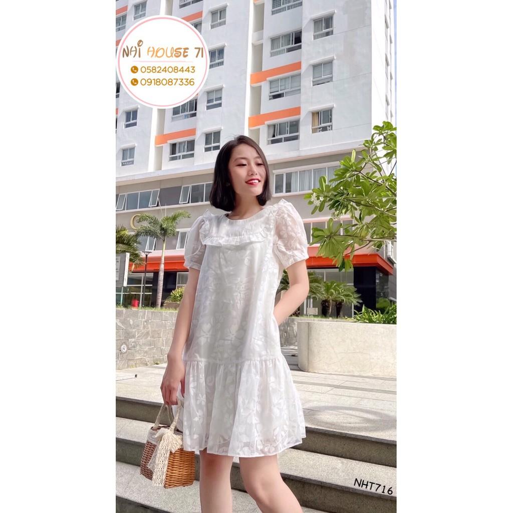 Đầm Suông NHIHOUSE71 Tay Phồng Cổ Bèo Chất Voan Tơ Dệt Hoa Văn 3D 2 Lớp Dưới 60kg