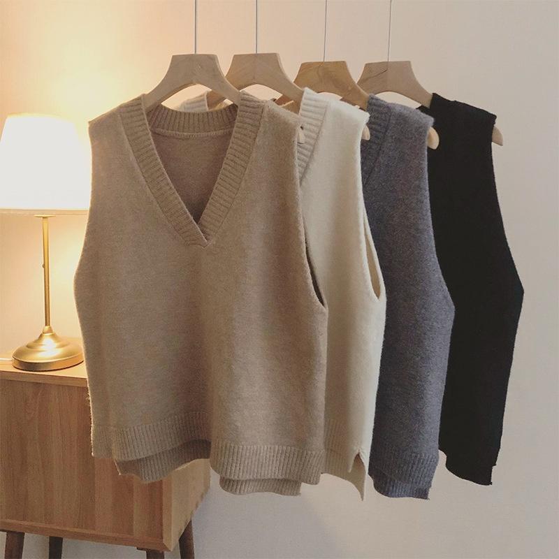 Gile Len Trơn | Áo Gile Len Nữ Trơn Basic Cổ V Form Rộng Hàn Quốc Dày Dặn Xẻ Tà Ulzzang, Hàng Quảng Châu