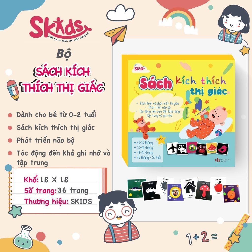 Sách - Bộ 36 HÌNH KÍCH THÍCH THỊ GIÁC Cho Bé Từ 0-2 Tuổi 18cm x 18cm Bìa Cứng - SKIDS