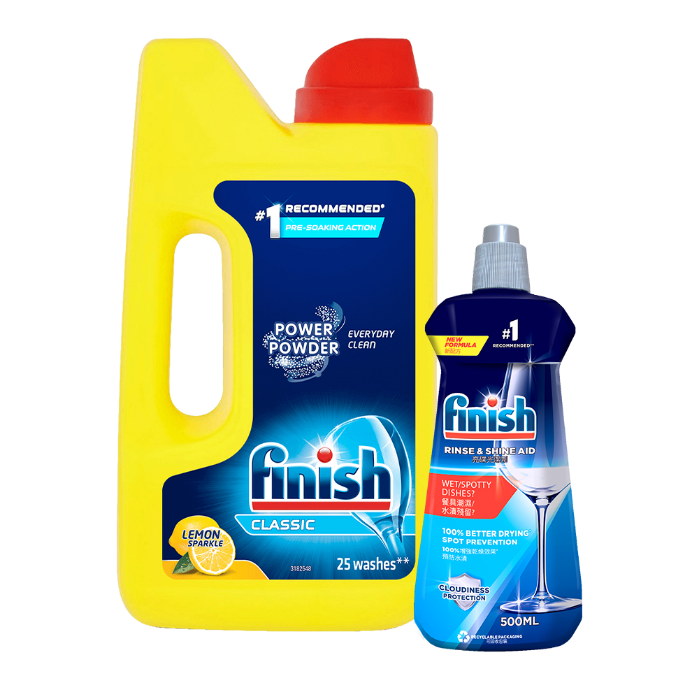 Combo 2 Cho Người Mới Bắt Đầu: Bột Rửa Chén Hương Chanh Lemon Classic Power Powder Lemon Sparkle 1Kg + Nước Làm Bóng Rinse & Shine