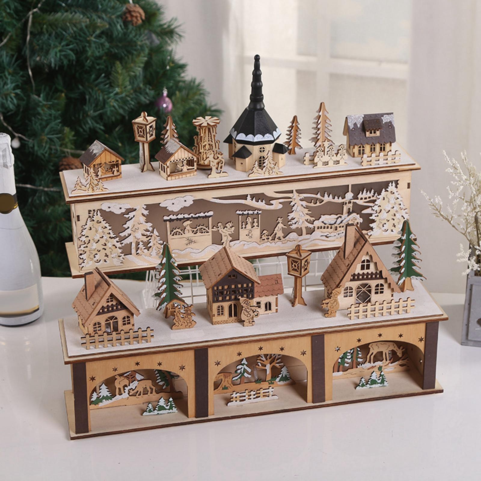 Wooden House Warm White Building Set Landscape Decor for Party Ornament Style A