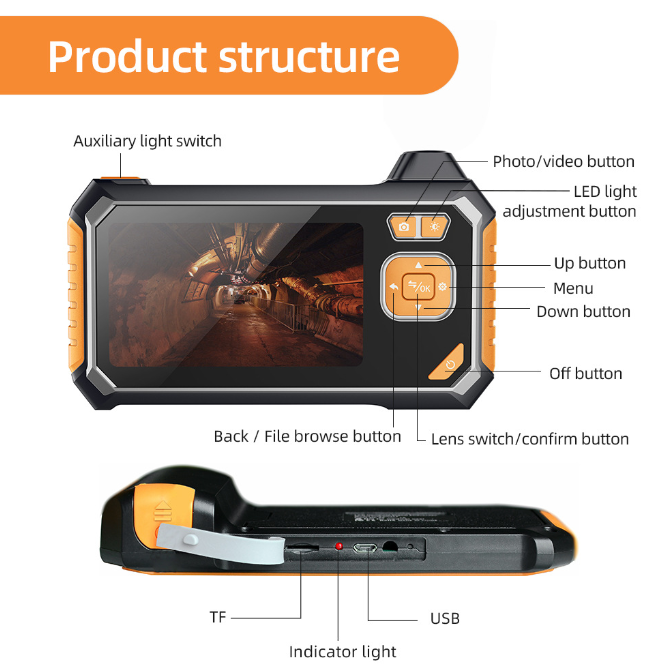 Thiết bị camera nội soi khe hẹp có màn hình dây dài 5m chống nước IP67, sử dụng pin sạc Inskam
