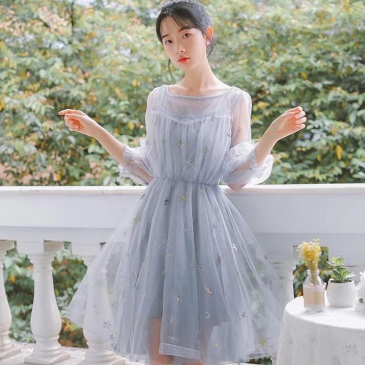 Đầm Ulzzang tiểu thư đính sao phong cách Hàn Quốc - BÁN GIÁ SỈ