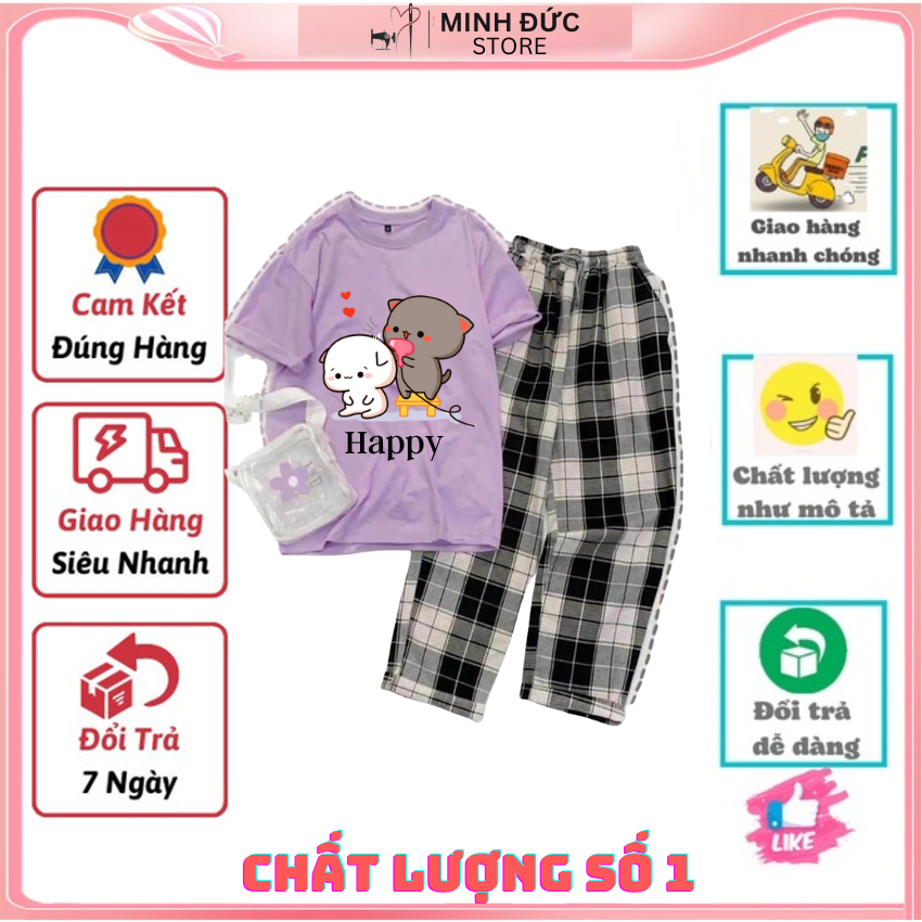 Sét Bộ Nữ SS11, Sét Đồ Nữ Đi Chơi Đẹp In Hình Mèo Sấy Tóc Dễ Thương,Sét Áo Vải Cotton,Quần Kẻ Màu Cá Tính
