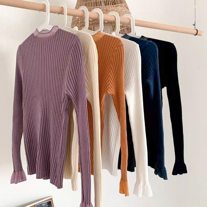 Áo dệt kim màu trơn cổ tròn phối ren kiểu tay dài trẻ trung xinh xắn