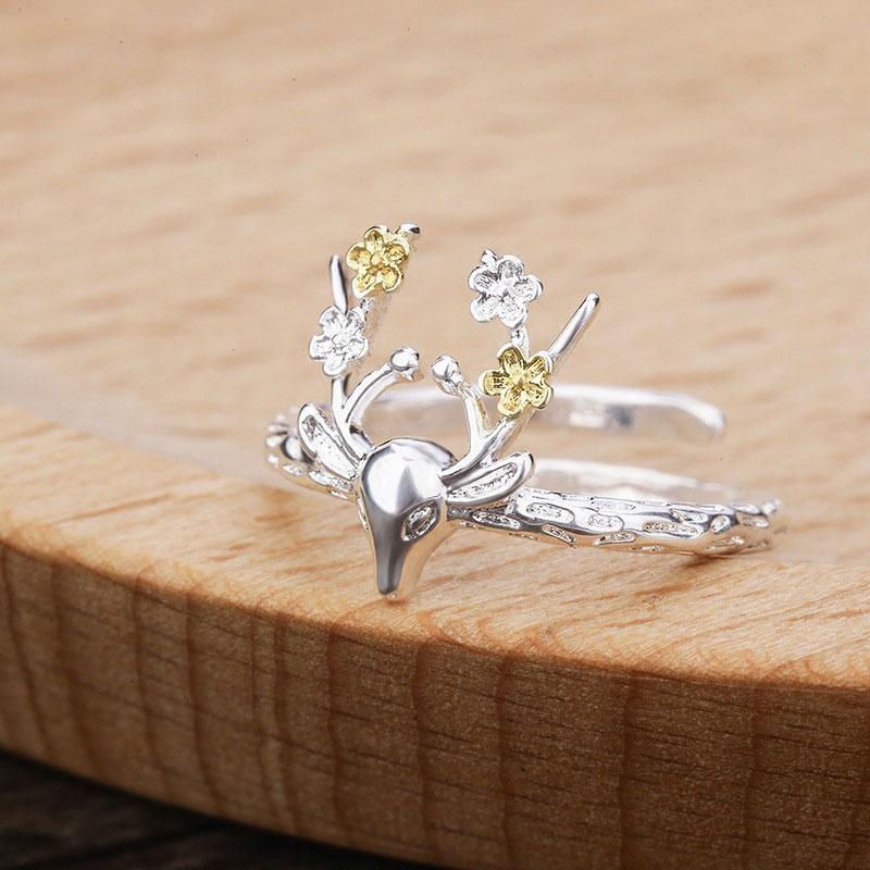 XiaoboACC 925 Silver Korean Fashion Sika Deer Open Adjustable Tail Ring 18mm