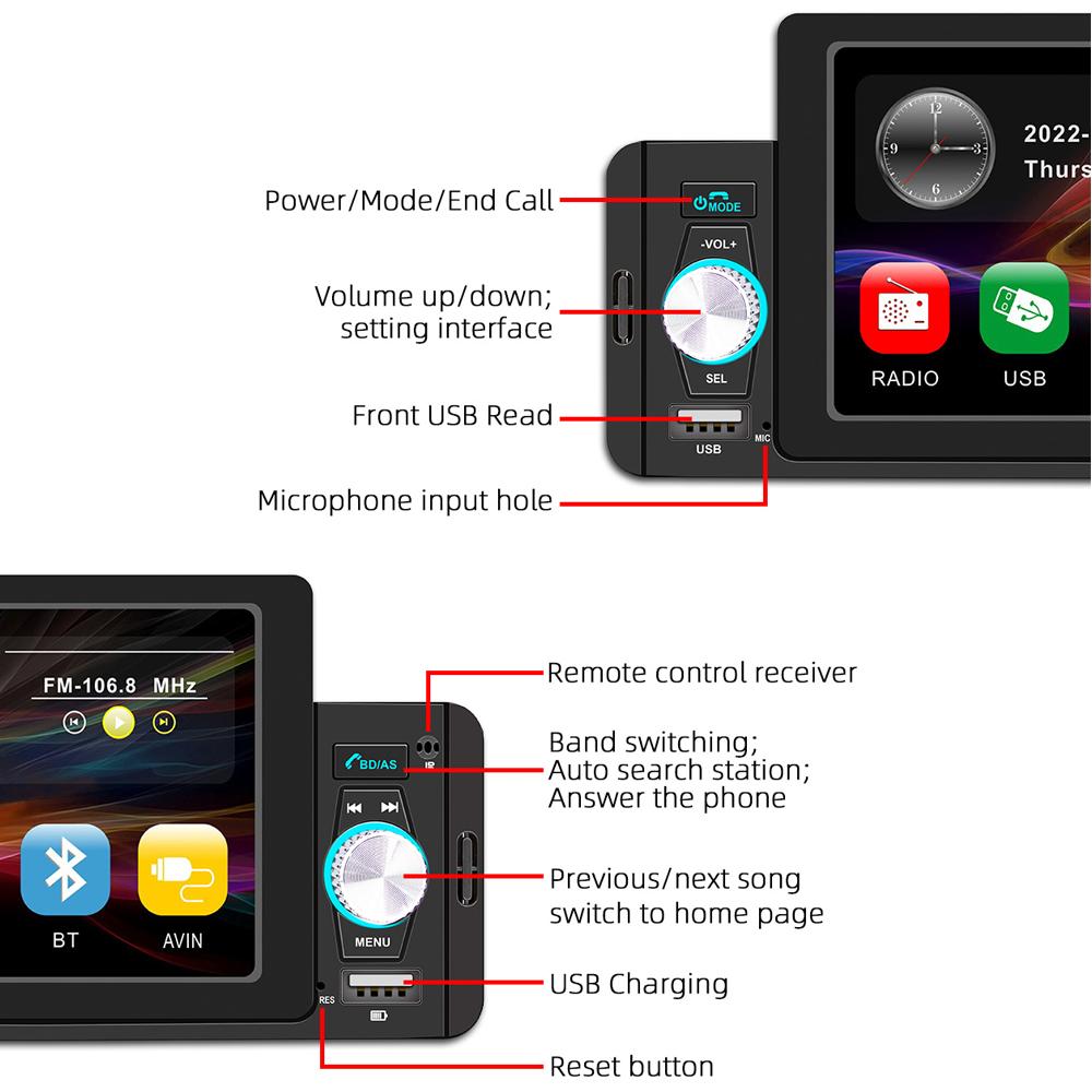 5 Inch Car Stereo MP5 Player BT FM Radio Receiver Support Hands-Free Calling USB Charge/Playback Phone Link Reversing Assist Steering Wheel Control