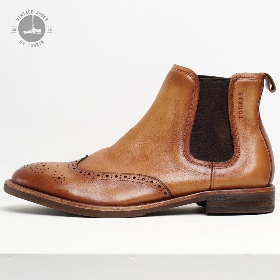 Giày boot nam cao cổ màu nâu tan CHELSEA WINGTIP, giày da thật cổ lửng TONKIN