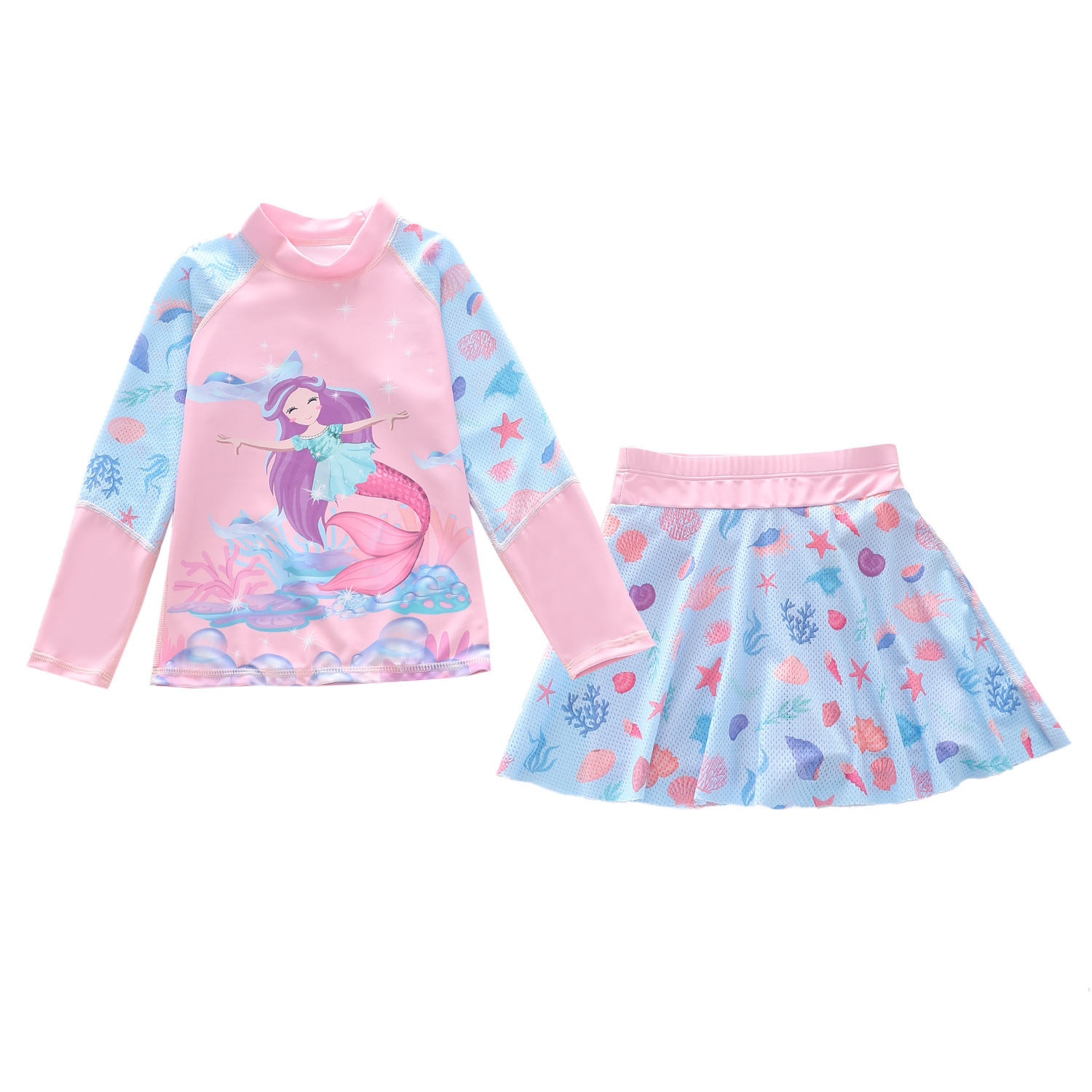 Bộ đồ bơi bé gái tay dài và váy họa tiết nàng tiên cá xinh xắn, đồ bơi, đồ tắm biển, lặn biển ngắn san hô
