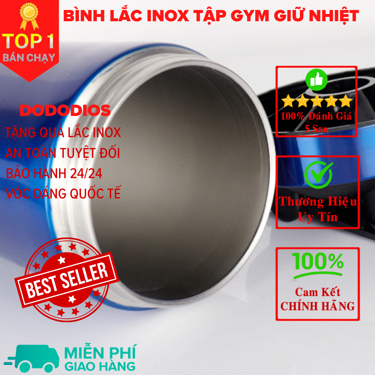Bình lắc gym, bình lắc shaker, bình nước thể thao inox giữ nhiệt + kèm quả lắc Lò Xo - Hàng chính hãng DoDoDios