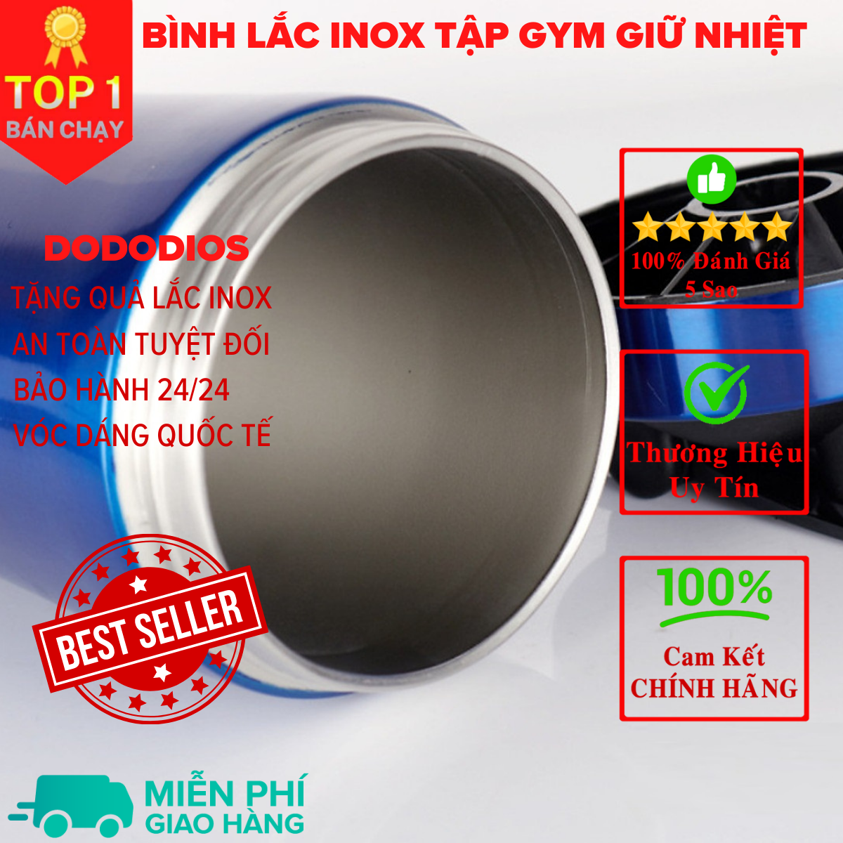 [Loại Cao Cấp - Giữ Nhiệt - Inox 304] bình lắc gym, bình lắc shaker, bình nước thể thao inox giữ nhiệt + kèm quả lắc Lò Xo - Hàng chính hãng DoDoDios