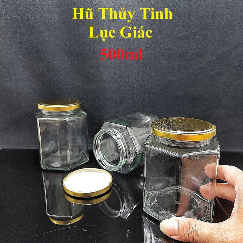 Hũ Thủy Tinh Đựng Gia Vị 500ML (combo 3 cái) mẫu Lục Giác nắp thiếc vàng