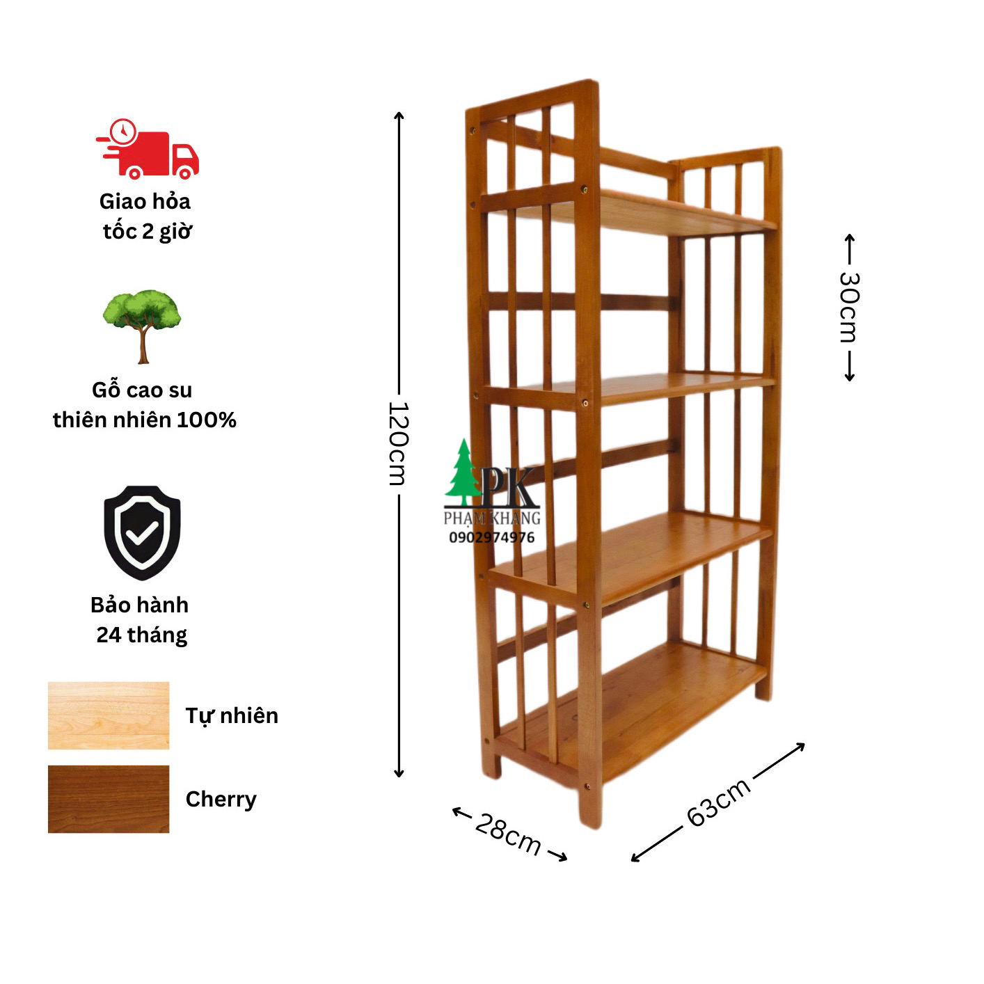 Kệ sách gỗ Phạm Khang 4 tầng rộng 64cm màu vàng cherry