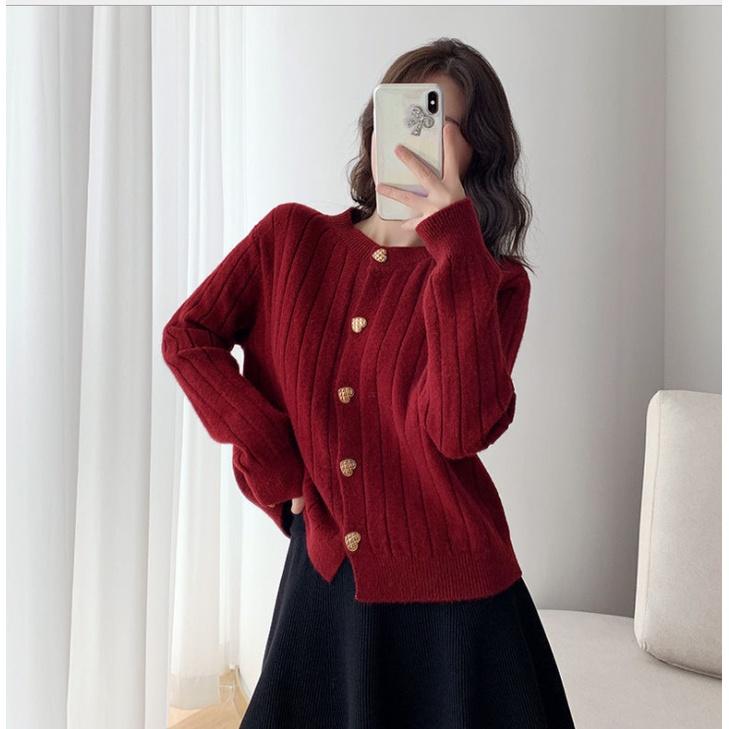 Áo khoác cardigan thu đông chất liệu len dày màu đỏ siêu xinh phong cách trẻ trung