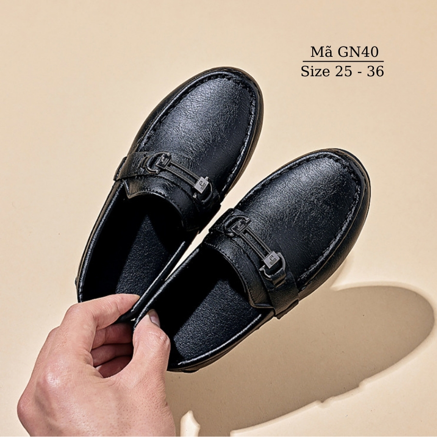 Giày lười bé trai, giày Moca màu đen/trắng trẻ em học sinh nam 2 - 8 tuổi mặc vest đi tiệc phong cách sang trọng lịch sự NHÍM SHOP GN40
