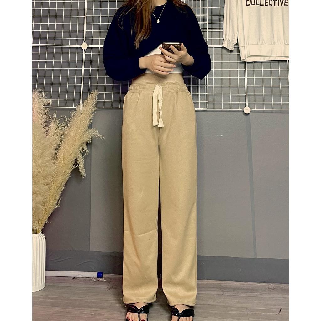 Quần ống rộng nữ, Quần nhung tăm nữ Timo có dây rút cạp chun, ống suông dáng dài basic, phong cách unisex Hàn Quốc QN006