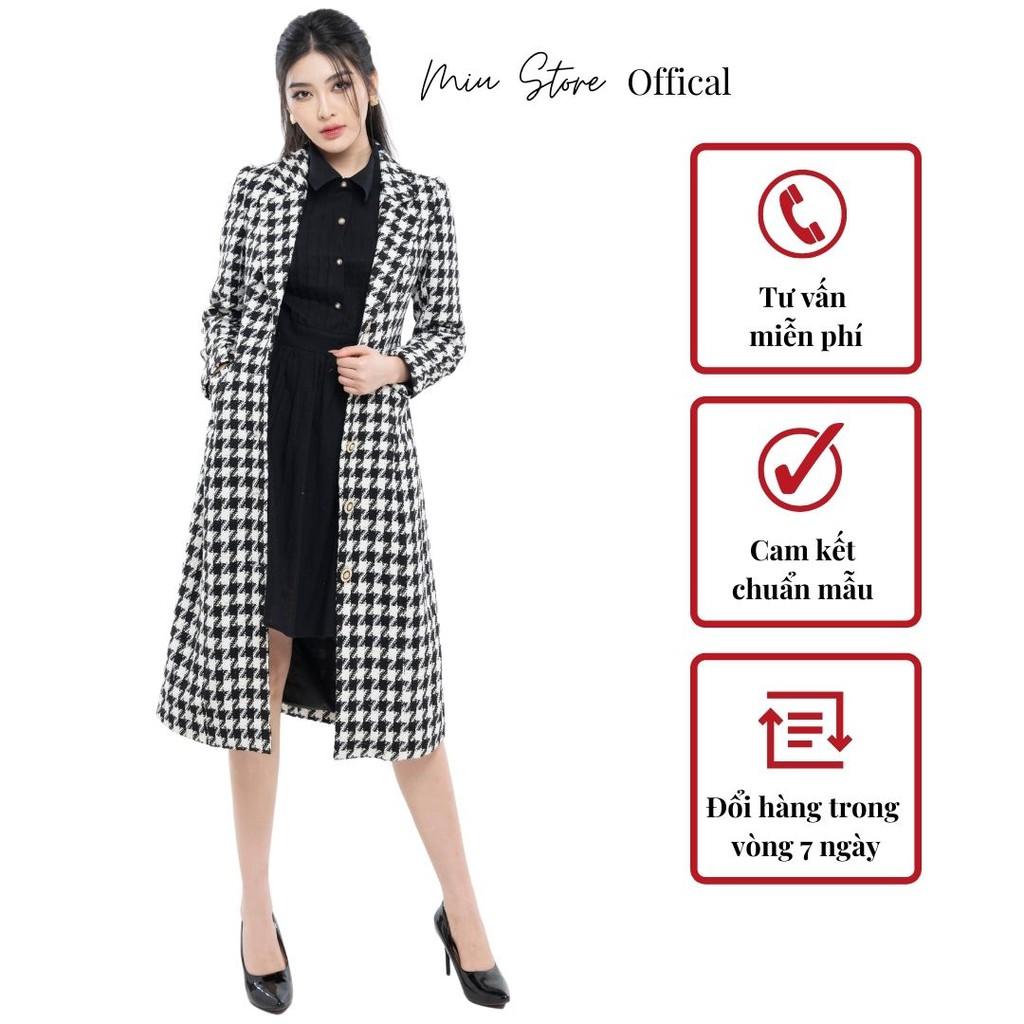 Áo khoác dạ nữ thiết kế dáng dài houndstooth cổ vest lịch lãm MIUSTORE AK00002