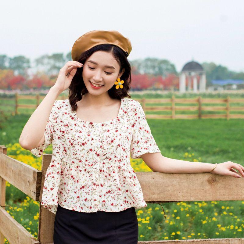 Áo sơmi nữ hoa nhí Freesize cổ vuông