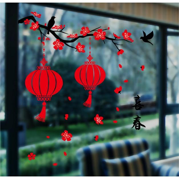 Decal trang trí tết - Cành Mai 2 lồng đèn đỏ size lớn