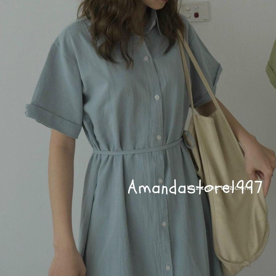 {Amanda} Váy sơ mi cộc tay from rộng vạt lệch hàn quốc, dây thắt nơ eo