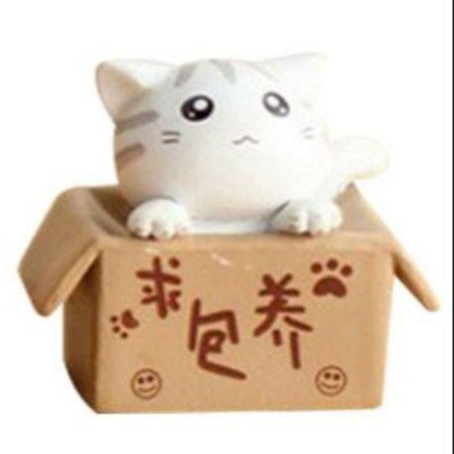 Phụ kiện trang trí tiểu cảnh: Mèo nhỏ nằm trong hộp - trang trí tiểu cảnh terrarium, làm móc khóa, đồ handmade