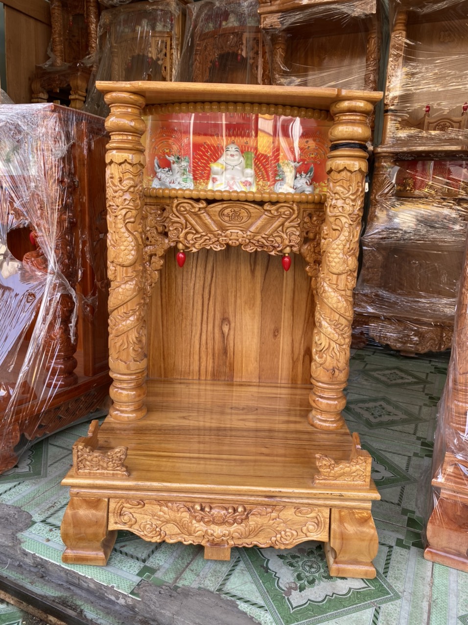 Bàn thờ thần tài ông địa có hộp đèn 56 x88cm - Gỗ xoan, ngăn kéo lớn