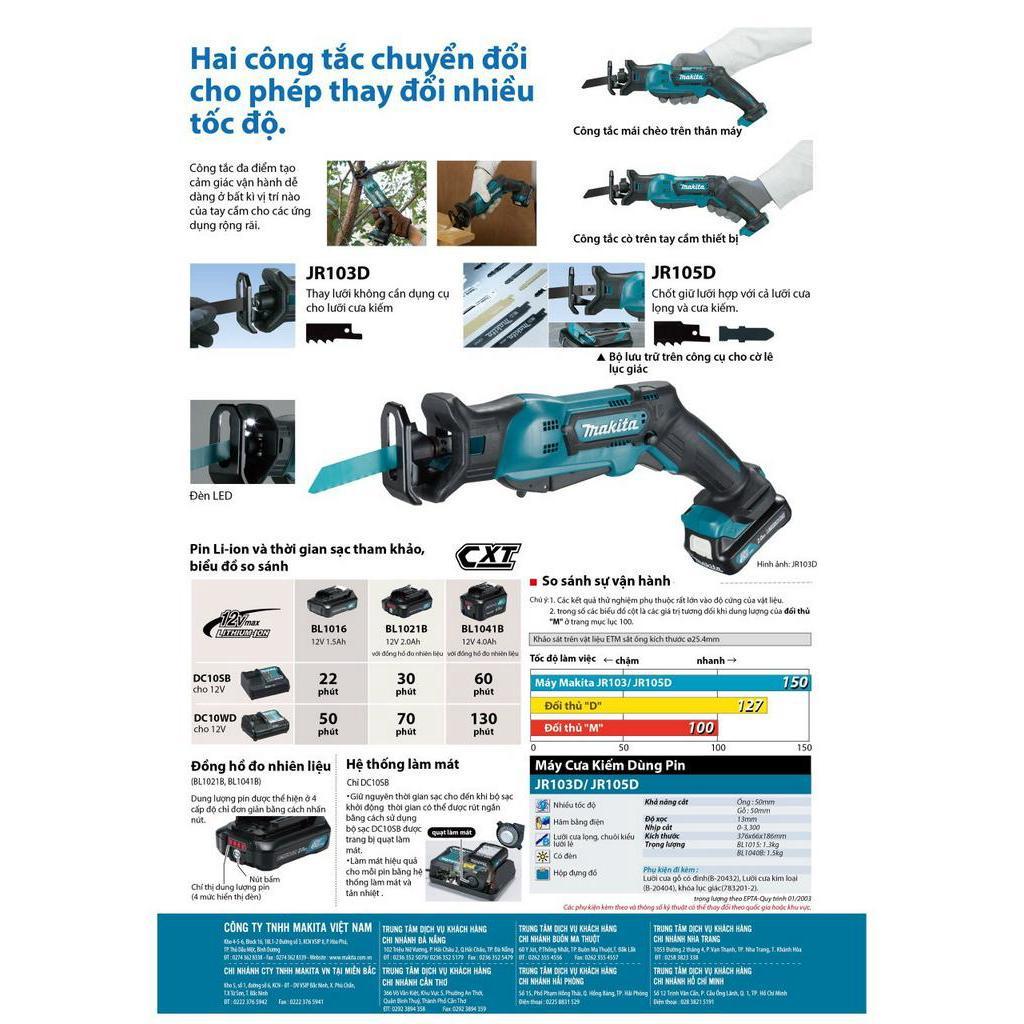 Máy cưa kiếm 50/50mm dùng pin 12Vmax Makita JR103DSYE