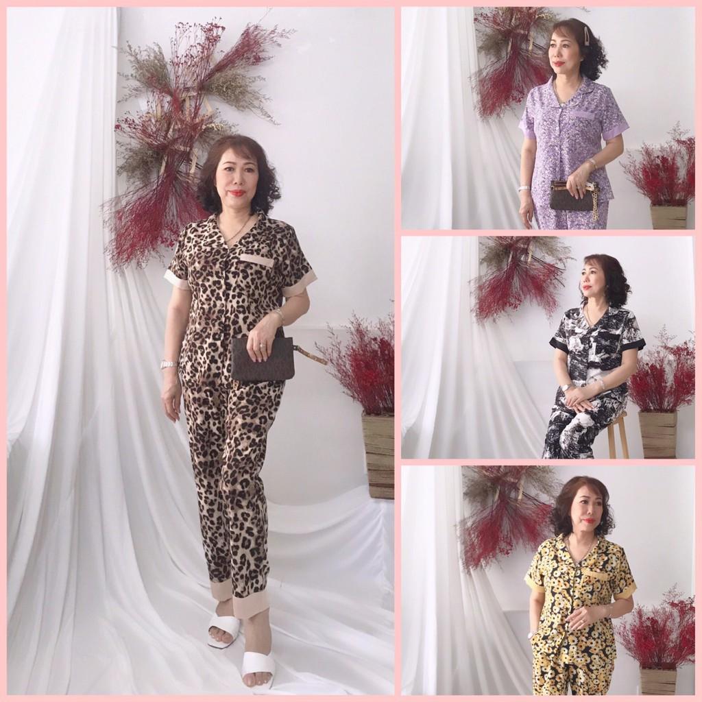 Đồ bộ trung niên NHIHUOSE71 pijama lụa Hàn họa tiết tay ngắn có túi 50-65 kg