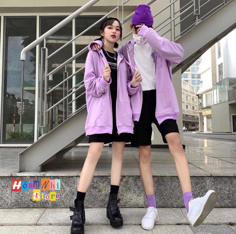 Áo Khoác Hoodie Zip Trơn Oversize Ulzzang Unisex Hoodie Dây Kéo Màu Tím Dáng Rộng - MM