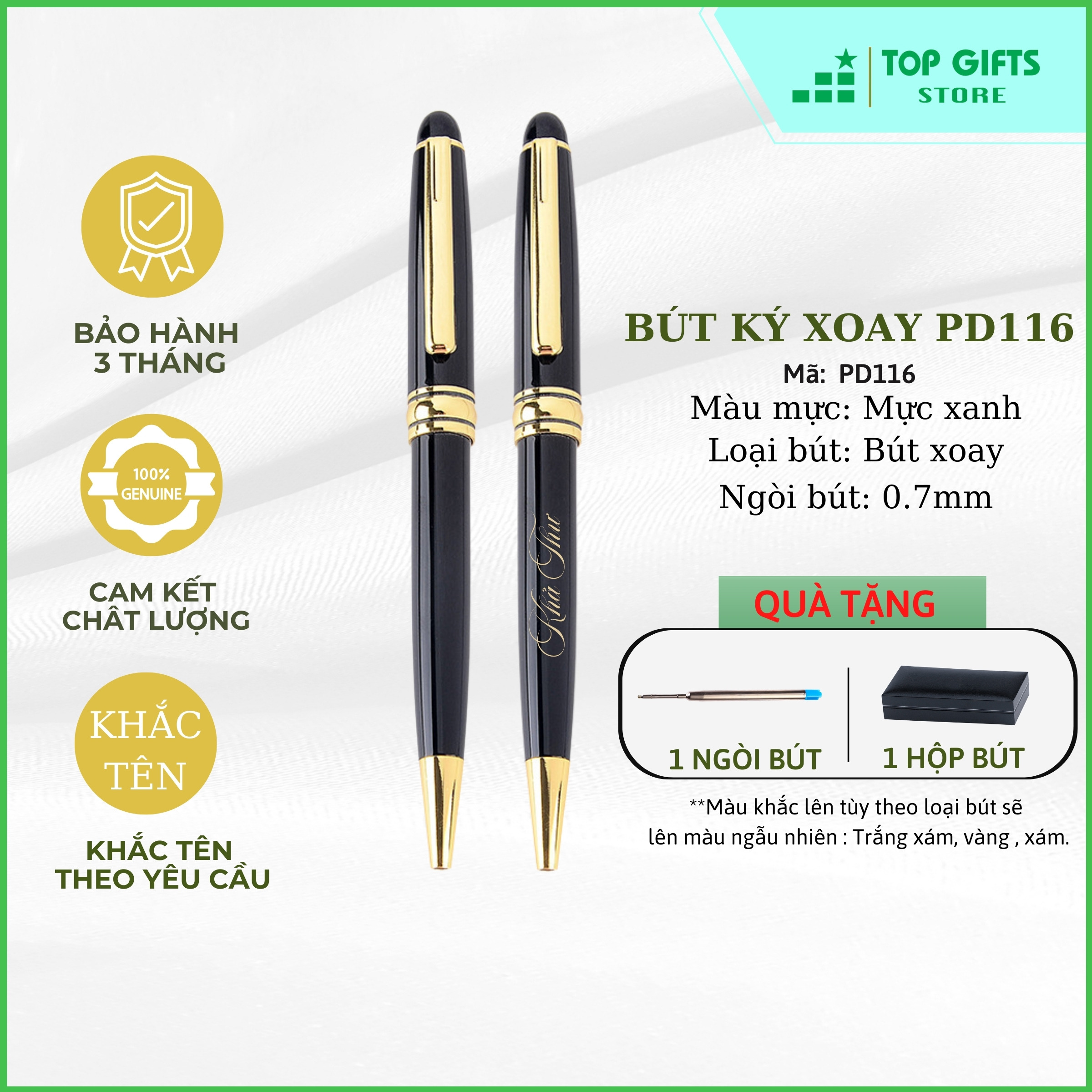 Bút kim loại xoay PD116 khắc tên - ngòi 0.7mm mực xanh + Hộp bút