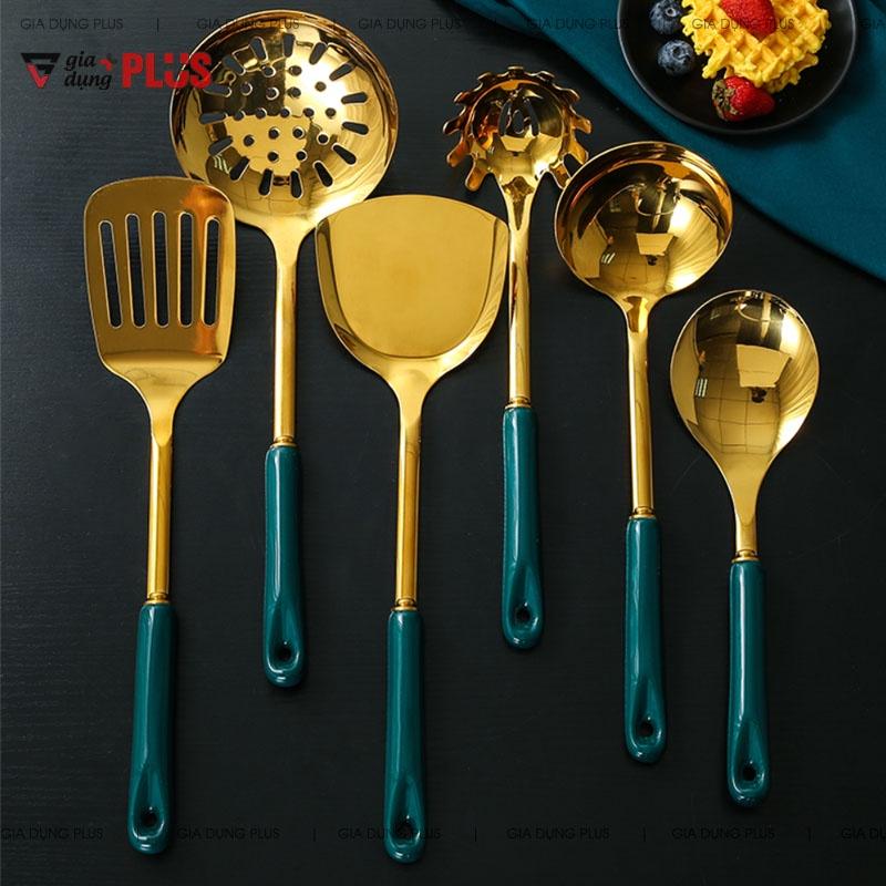 Bộ muỗng canh, muỗng lẩu, xẻng, thìa lọc bằng inox 304, tay cán sứ xanh ngọc lục bảo Bắc Âu cao cấp