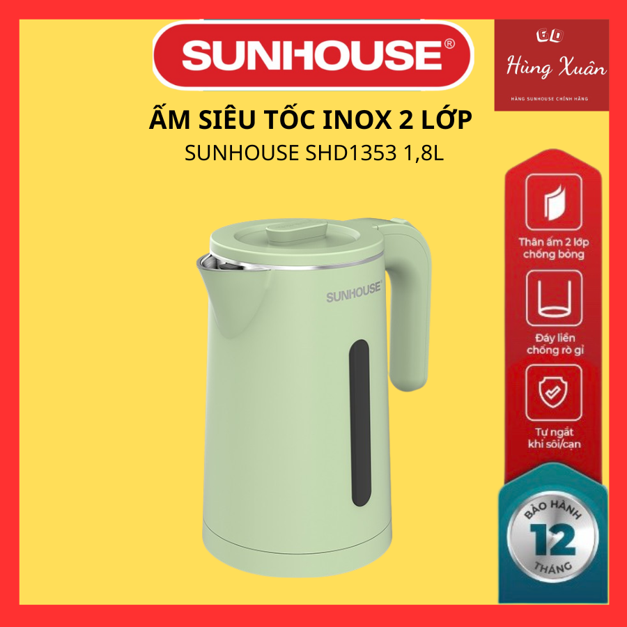 Ấm Đun Siêu Tốc SUNHOUSE 2 Lớp Dung Tích 1.8L SHD1353 - Hàng chính hãng