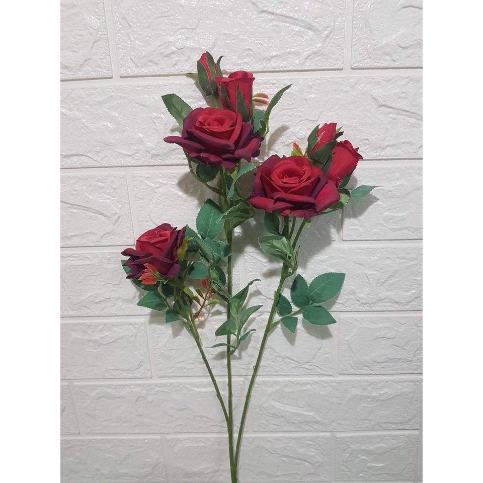 Cành hồng 3 bông,3 nụ hoa lụa hàng loại 1 chất đẹp, nhiều mầu KT dài 75cm.