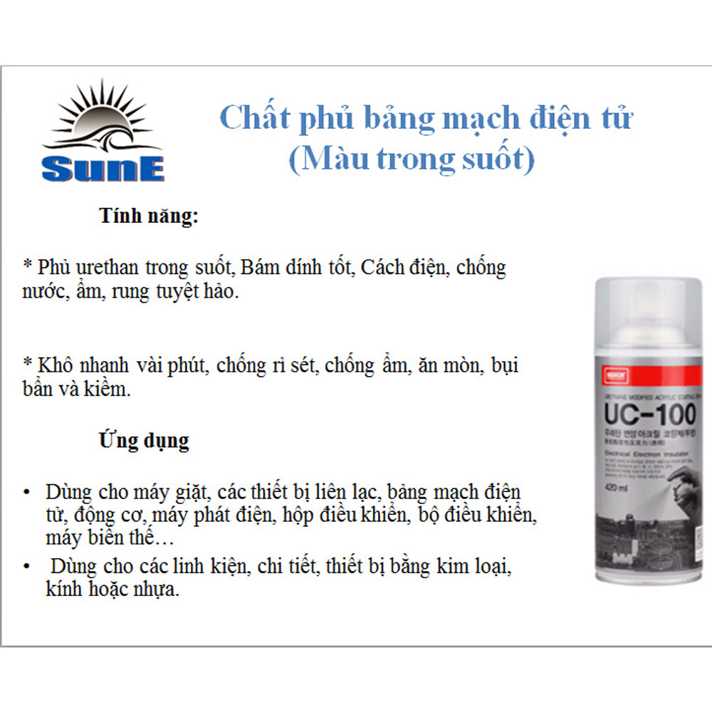 Chai xịt chất phủ bảng mạch điện tử Màu trong suốt UC-100 Nabakem 420ml, chống ăn mòn, chống rung, chống ẩm, độ bám dính cao