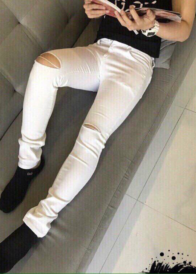 Quần Bò Nam Trắng Rách Gối Chất Co Giãn TRANGRACH98