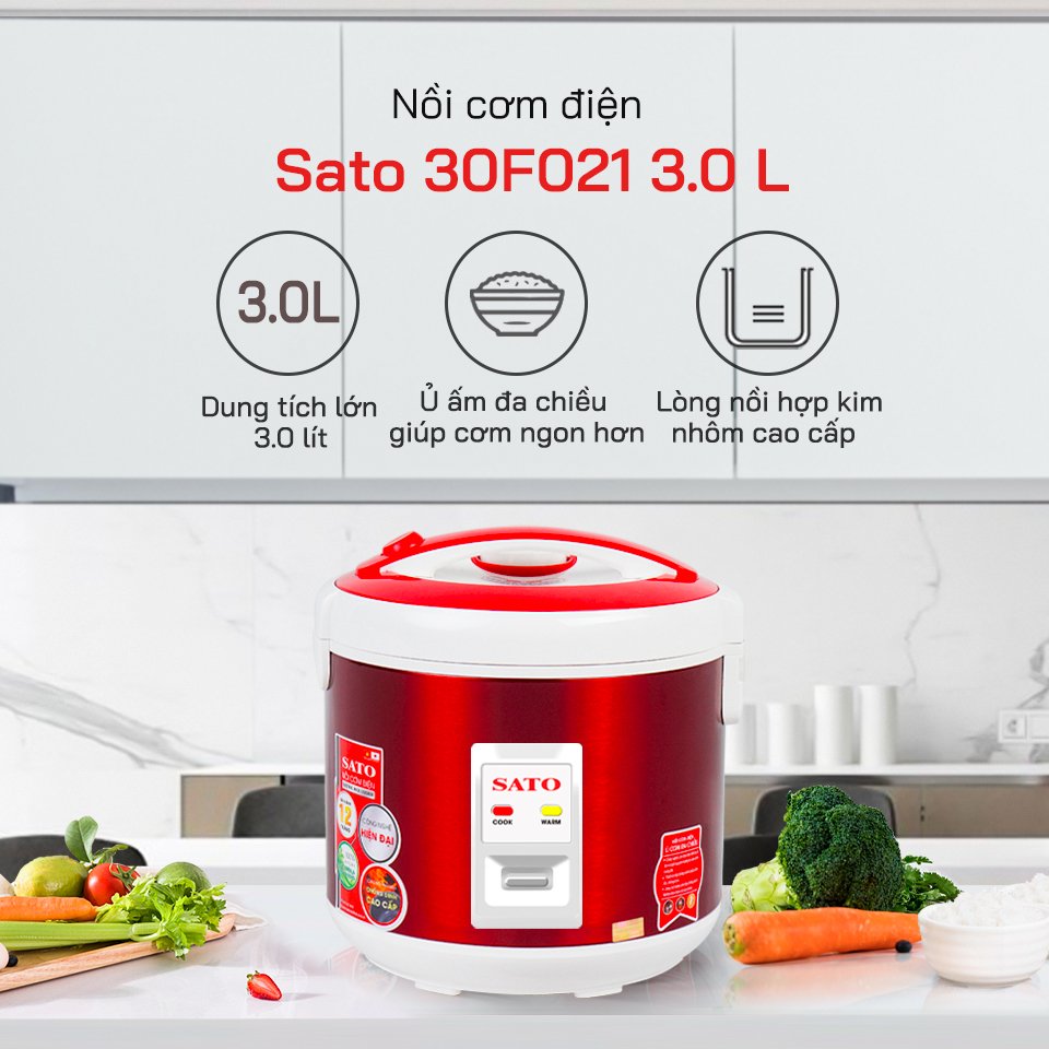 Nồi Cơm Điện SATO 30S021 3.0L - Lòng nồi bằng hợp kim nhôm phủ chống dính cao cấp, an toàn cho sức khỏe - Miễn phí vận chuyển toàn quốc -Hàng chính hãng