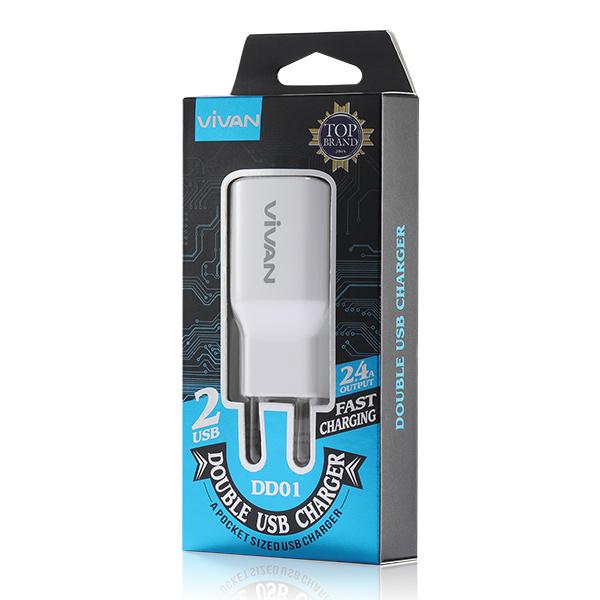 Củ sạc gắn tường nhựa cho di động/điện thoại/máy tính bảng 2 cổng USB Vivan | Bảo vệ quá dòng - chân cắm tròn | Cho iOS/Apple (iPhone/iPad), Android (Samsung, Xiaomi, LG, vv) - Hàng Chính Hãng