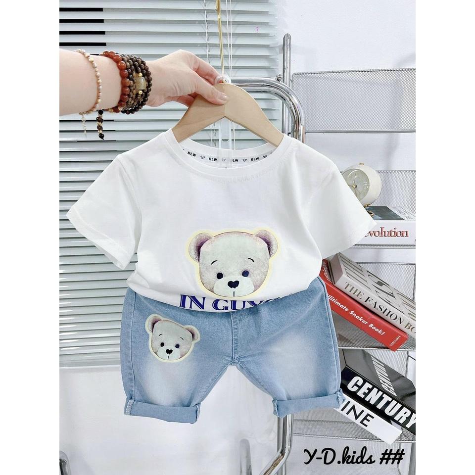Sét áo cotton kèm quần jean QC họa tiết gấu siêu cưng cho bé trai