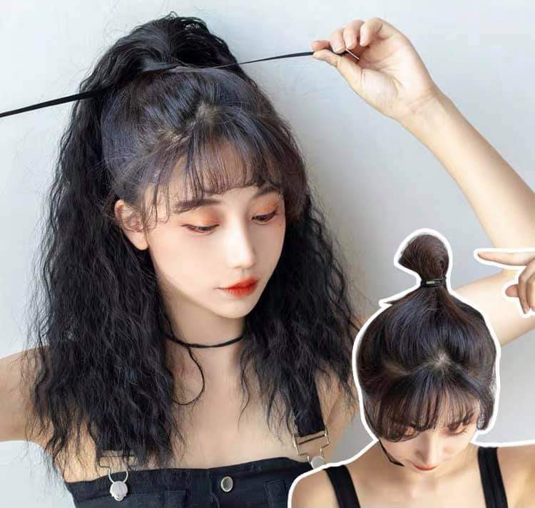 Tóc giả nữ cột xù mì ngắn, tóc giả buộc xoăn sóng
