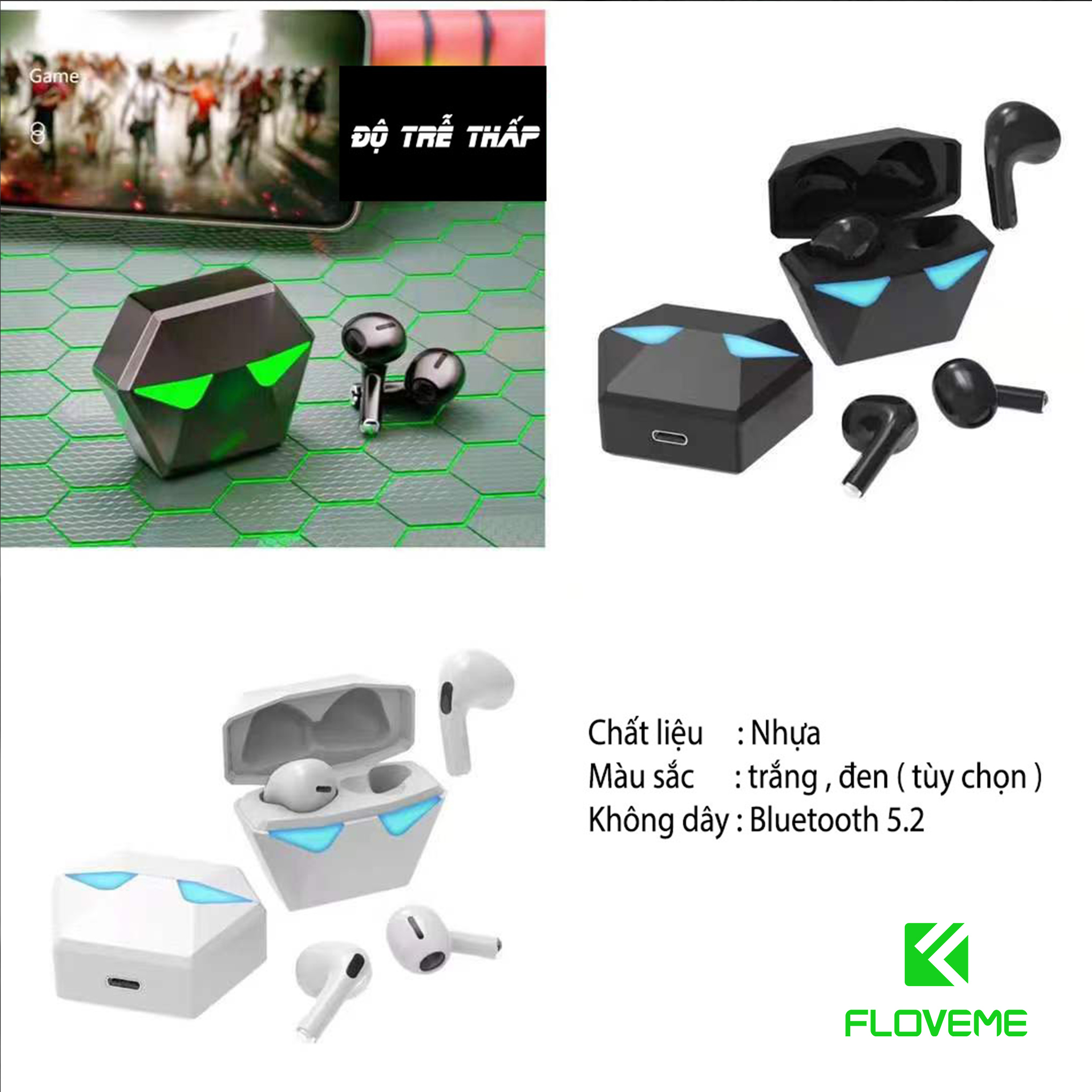 Tai nghe gaming nhét tai FLOVEME K15 không dây điều khiển cảm ứng chất lượng cao, có đèn led siêu đỉnh - Độ trễ thấp - Hàng chính hãng