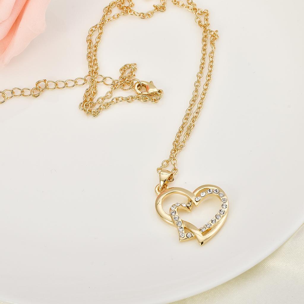 New Bridal Double Heart pendant Crystal Necklace Clavicle Chain Jewelry Gold
